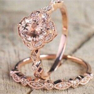 2 Piece 18K Rose Gold Plated Morganite and Diamond Ring